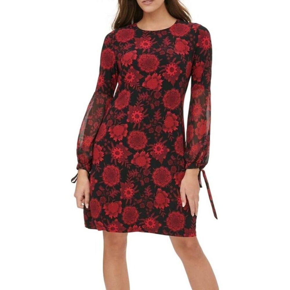 Tommy Hilfiger Womens Plus 16W Black‎ Red Floral Long Sleeve Dress Tie Cuffs